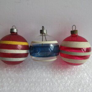 Unsilvered Striped Glass Christmas Ornament Lot Of 3 Shiny Brite, Premier? Vtg